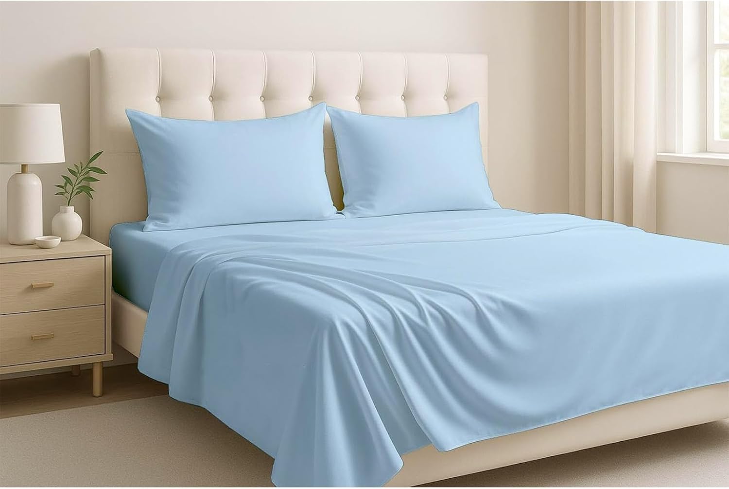 Extra Deep Sheets-Cotton Bed Sheets - 100% Cotton - 22 Inch Extra deep Pocket Fitted Sheet with Elastic All Around (4 Pcs Sheet Set) - (Light Blue Solid - Queen Size)