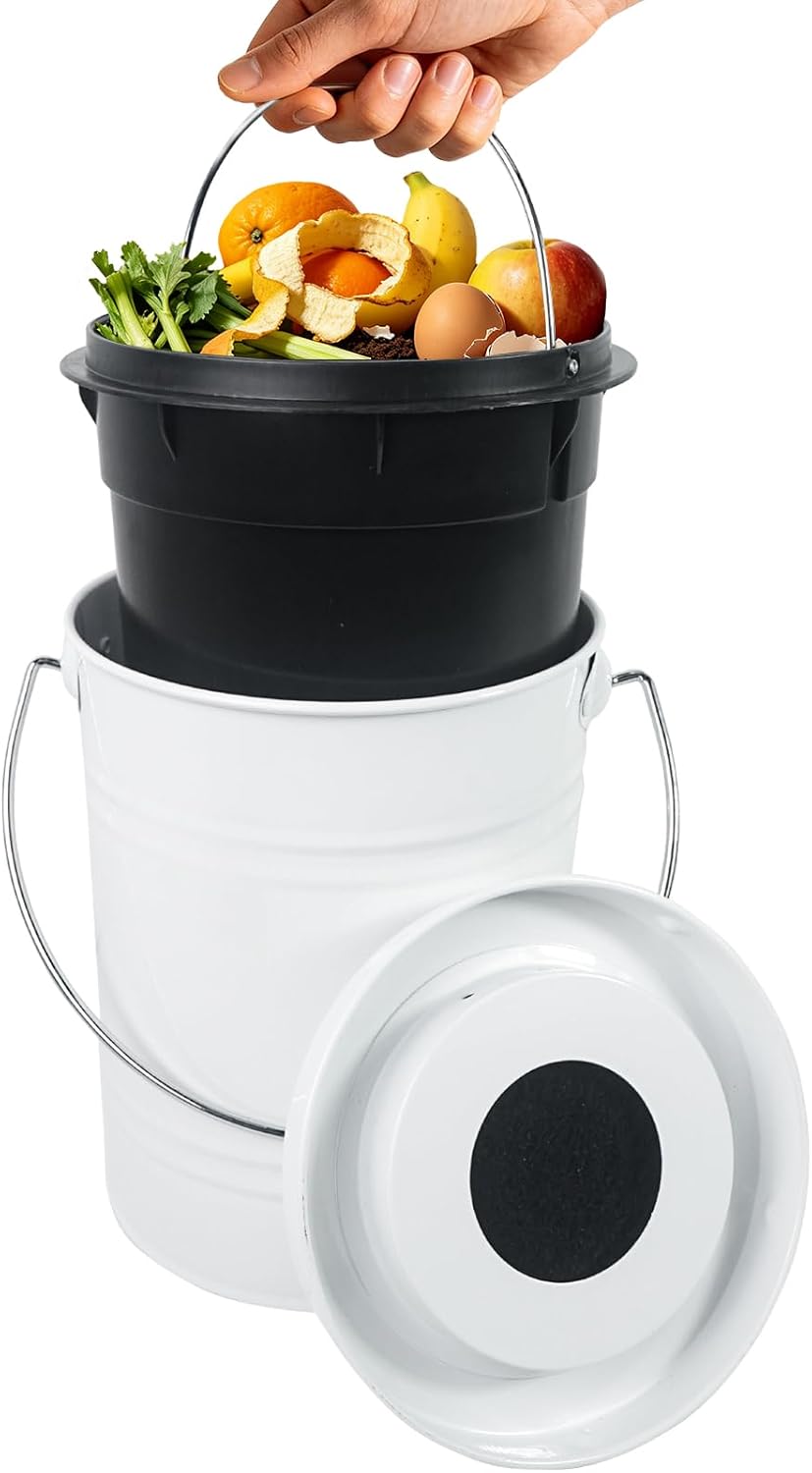 DreamsEden Kitchen Food Scrap Collector for Compost (White) | 0.9 Gal Food Waste Bin with Lid, Activated Carbon Filter Reduce Odor, for Kitchen Essentials Countertop Under Sink