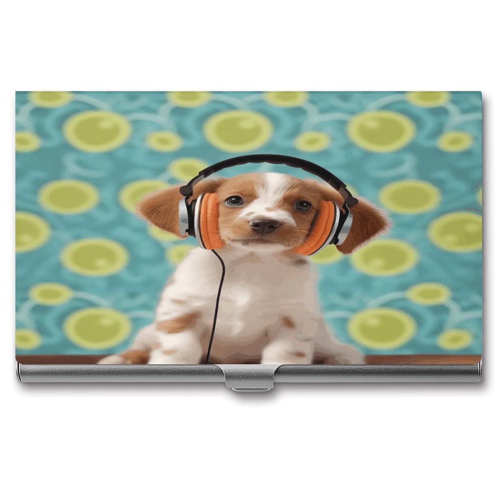 JTREHY Puppy with Headphones Business Card Holder Slim Purse Name Card Holder Portable Metal Business Card Case Wallet Large Capacity Lightweight Business Card Case for Men Women