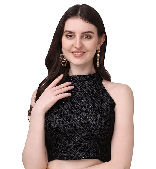 Women's Halter Neck Chickenkari Sequins Work Readymade Saree Blouse