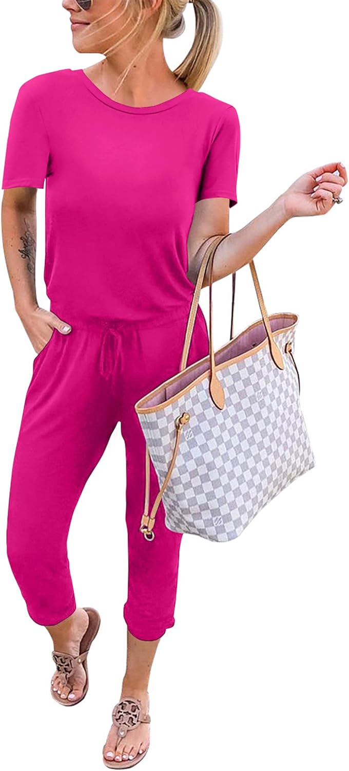 KIRUNDO Jumpsuits for Women Summer 2025 Casual Short Sleeve One Piece Outfits Drawstring Waist Long Pants Romper Jumpers