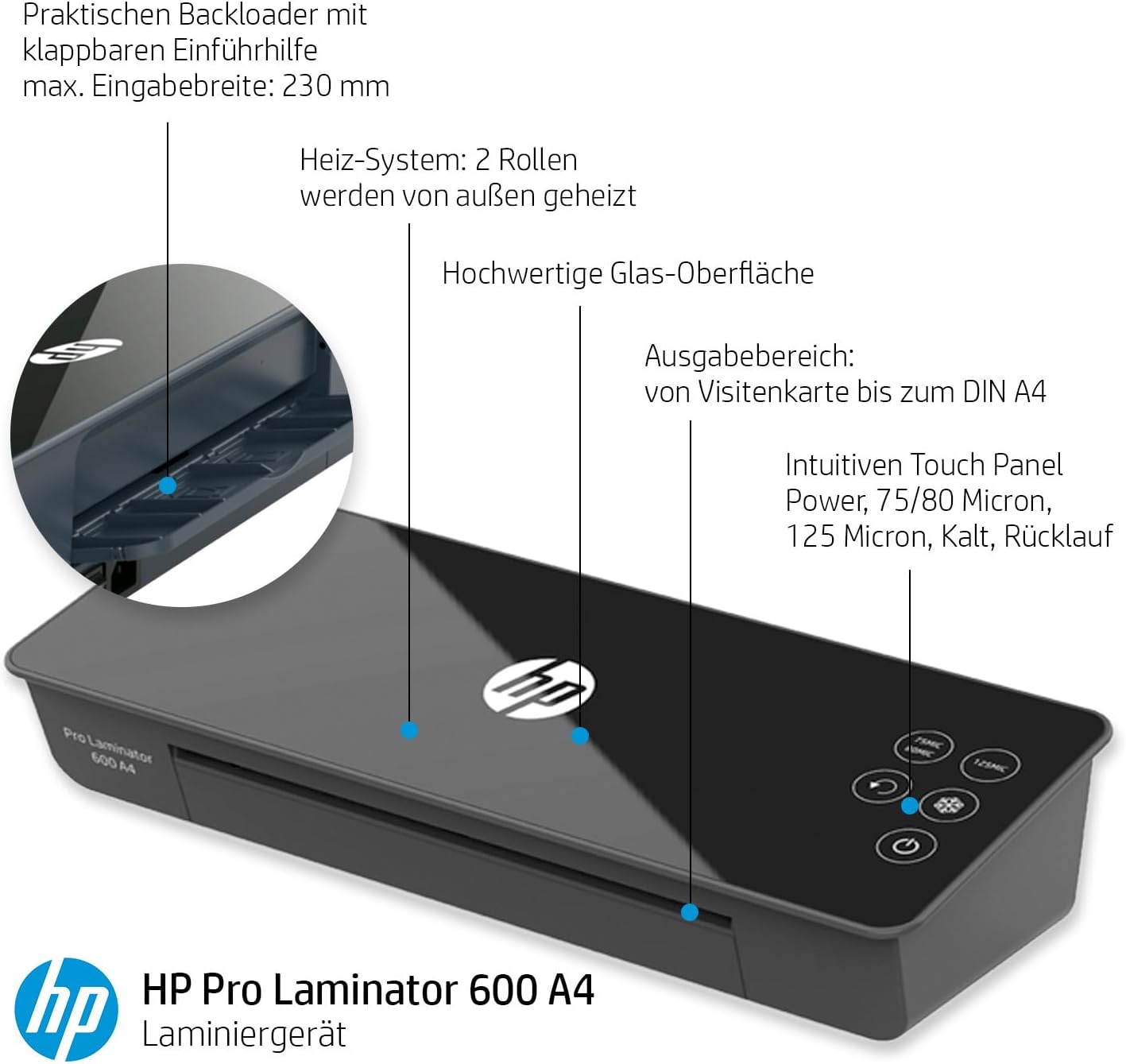Diagram of HP Pro Laminator 600 A4 with labeled features