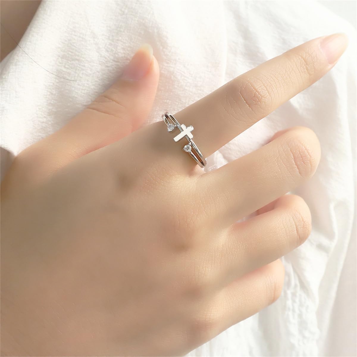 Hebelee Cubic Zirconia Cross Ring for Women Silver Plated Clear CZ Layered Adjustable Stackable Wrap Finger Rings Comfort Fit Minimalist Faith Engagement Jewelry - Image 2