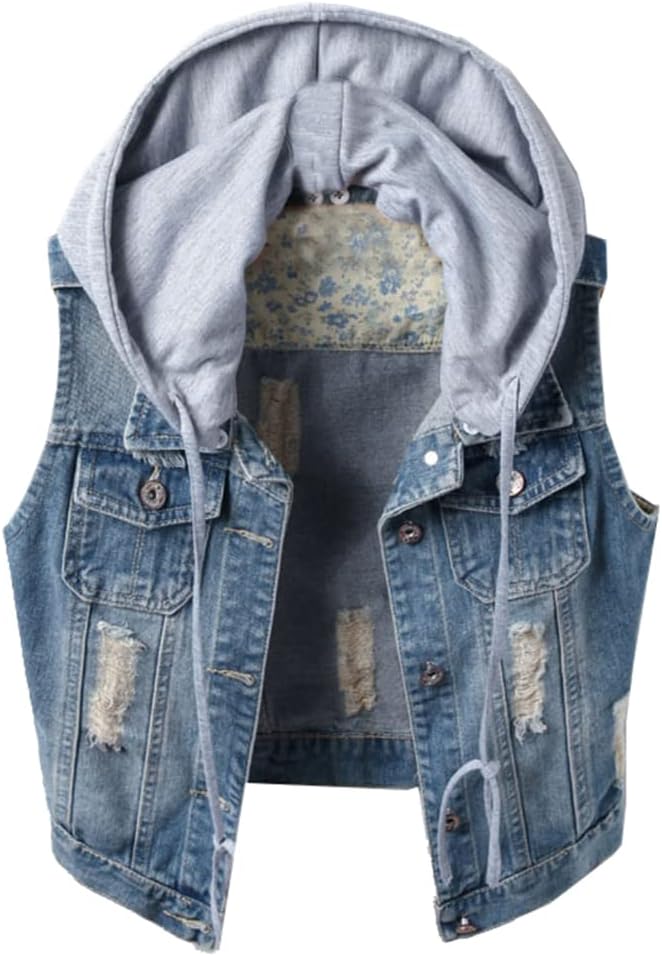 Kedera Women's Distressed Sleeveless Denim Vest with Detachable Hoodie