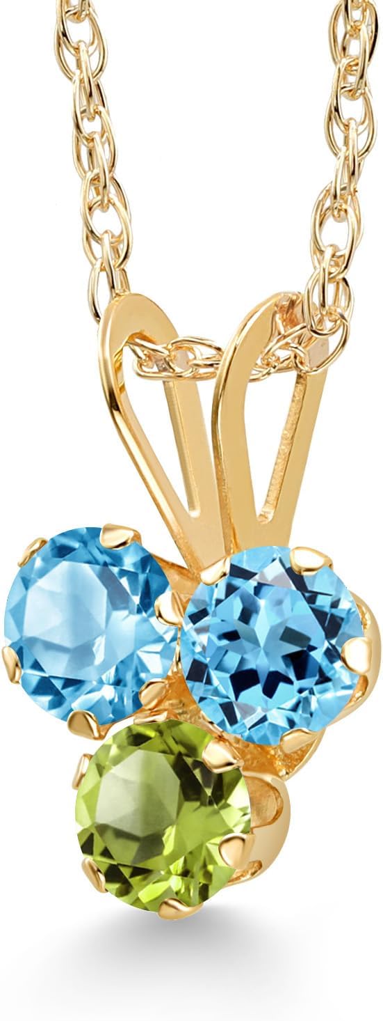 Gem Stone King 14K Yellow Gold Swiss Blue Topaz and Green Peridot 3-Stone Pendant Necklace For Women (0.42 Cttw, Gemstone November Birthstone, Round 3MM, 18 Inch Chain) - Image 2