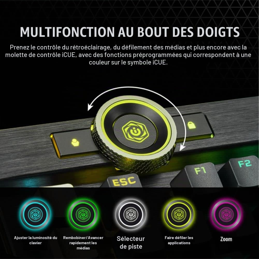 Corsair K100 RGB Clavier Optique mécanique pour Gaming (Touches Corsair OPX : Hyperfast & linéaire, Repose-Paume en Similicuir, Touches PBT Double Shot, intégration Elgato Stream Deck) QWERTY Noir