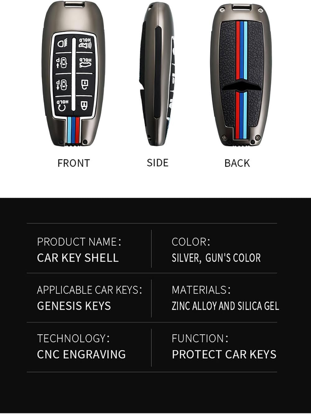 KUNIO Car Key Fob Cover Case Fit for Hyundai Genesis GV70 GV80 GV90 2023 2024 G60 G70 G80 G90 EQ900 DH BH Key Protective Cover Keychain Zinc Alloy Key Fob Shell 8 Buttons A Black
