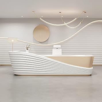 Modern Reception Desk with Curved Wave Design & Ambient LED Lighting, Light Gold Reception Counter with Spacious Storage, Elegant Front Desk for Salon & Beauty Spa118IN