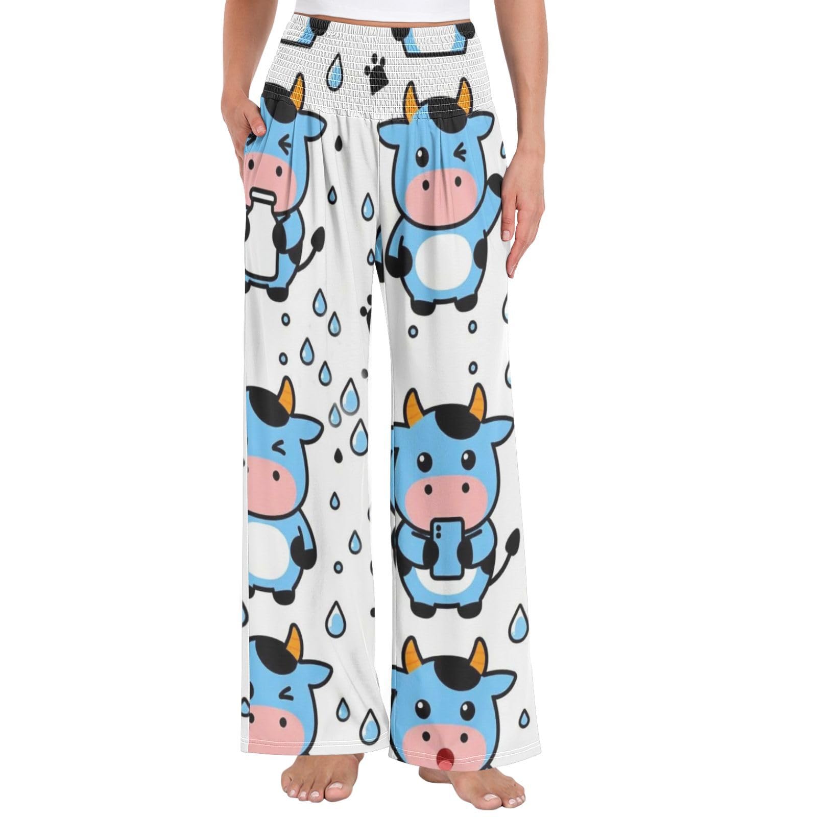 White Cow - Pantalones de pierna ancha para mujer, ligeros, elásticos, informales, ropa de descanso