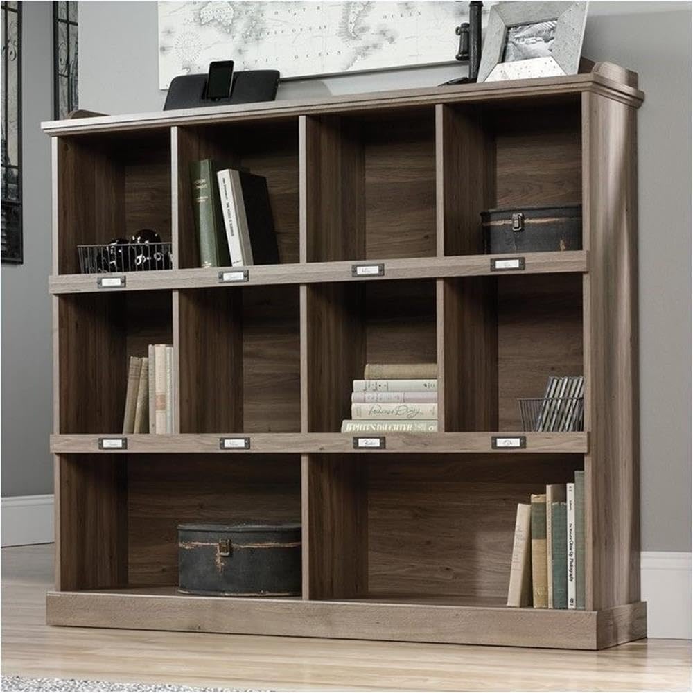 Pemberly Row Rustic Wood Short Bookcase, Salt Oak Finish, 47.52" H x 53.15" W x 12.13" D, 10 Storage Cubbyholes, Gallery Display Top Shelf, Engineered Wood Construction, Home or Office Organization