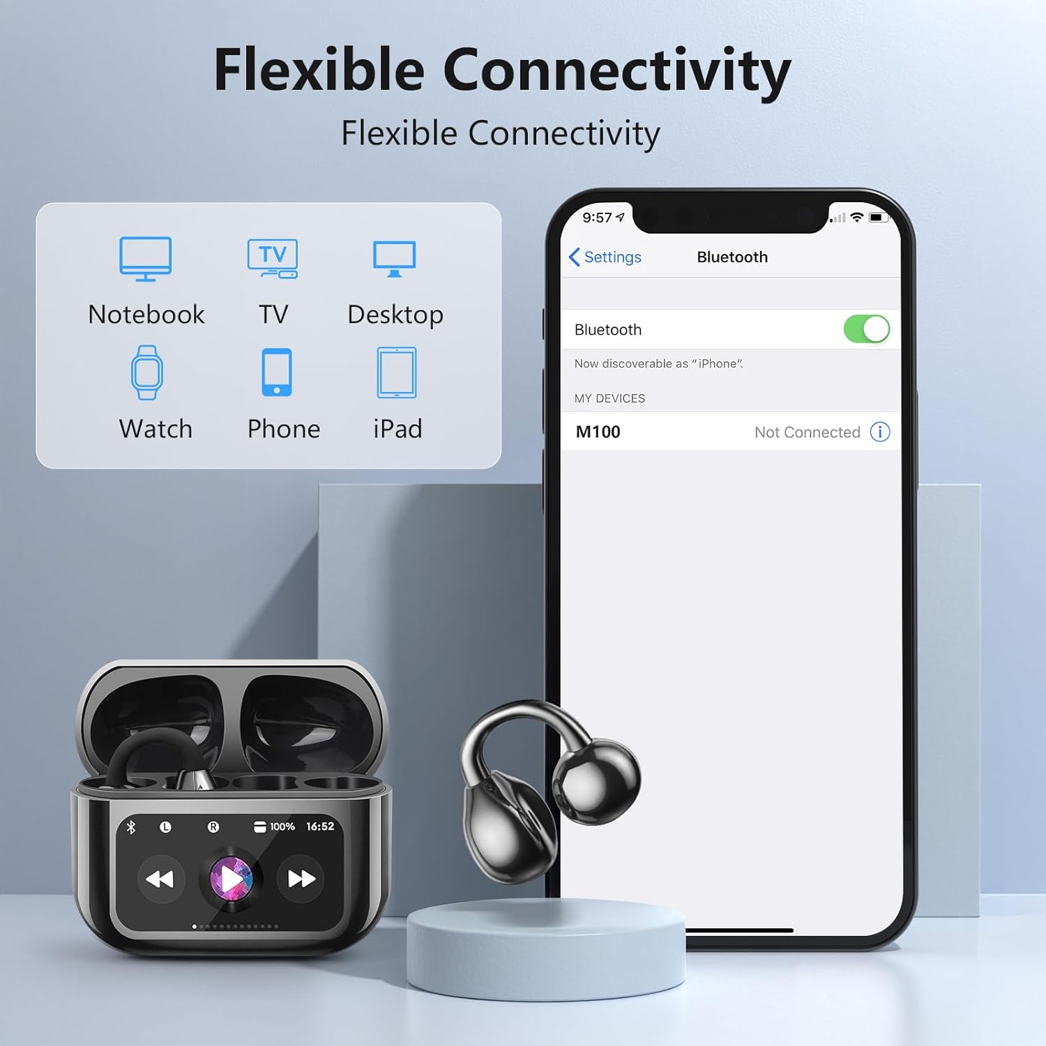 Open Ear Clip On Earbuds Intelligent Touch Color Screen Bone Conduction Wireless Bluetooth 5.4 Headphones Lightweight Comfort Sport Built-in Mic IPX7 Waterproof Earphones for Running Fitness