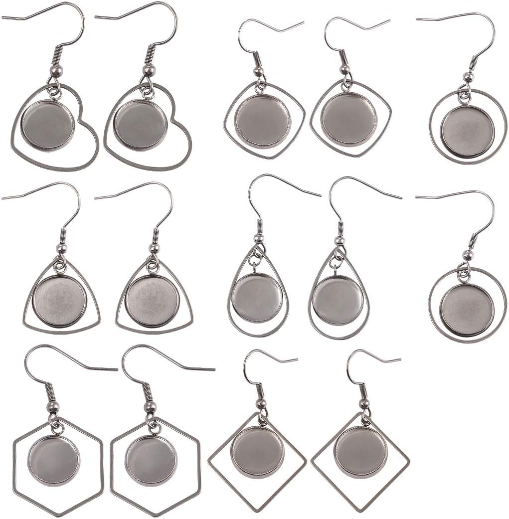 LANBEIDE Earring Blanks Wire Hooks Bezel Trays for 12mm Cabochon Settings, 28 PCS Stainless Steel Earring Dangle for Jewelry Findings (Mixed)