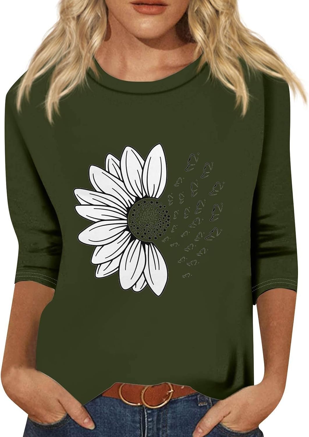 Summer Tops for Women Casual Loose Graphic Crewneck Tee Fashion 3/4 Sleeve 2D Print Tunic Trendy Blouses Cute Shirts