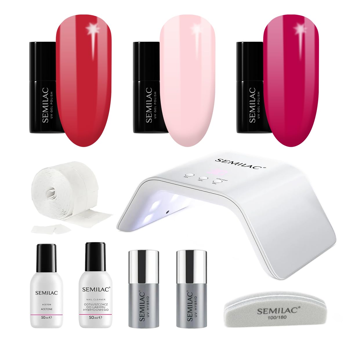 Semilac Try Me - Kit per principianti in gel per principianti, 3 colori gel UV da 7 ml, lampada UV/LED, top coat e base coat da 7 ml, strumenti e altro ancora per una manicure perfetta, 103 elegante