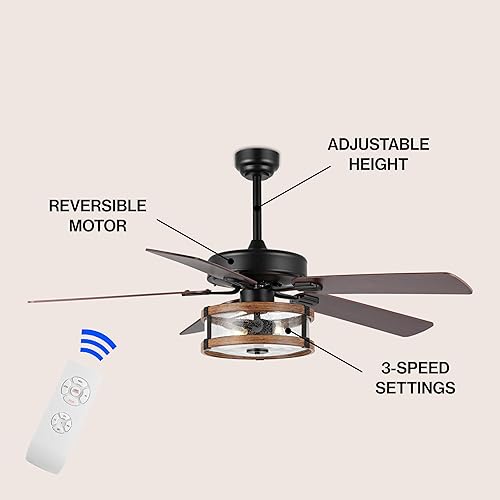 Miniatura 4 de JONATHAN Y JYL9611A Joanna - Ventilador de techo LED de 52 pulgadas, 2 luces, rústico, industrial, hierro/madera/vidrio sembrado, aplicación