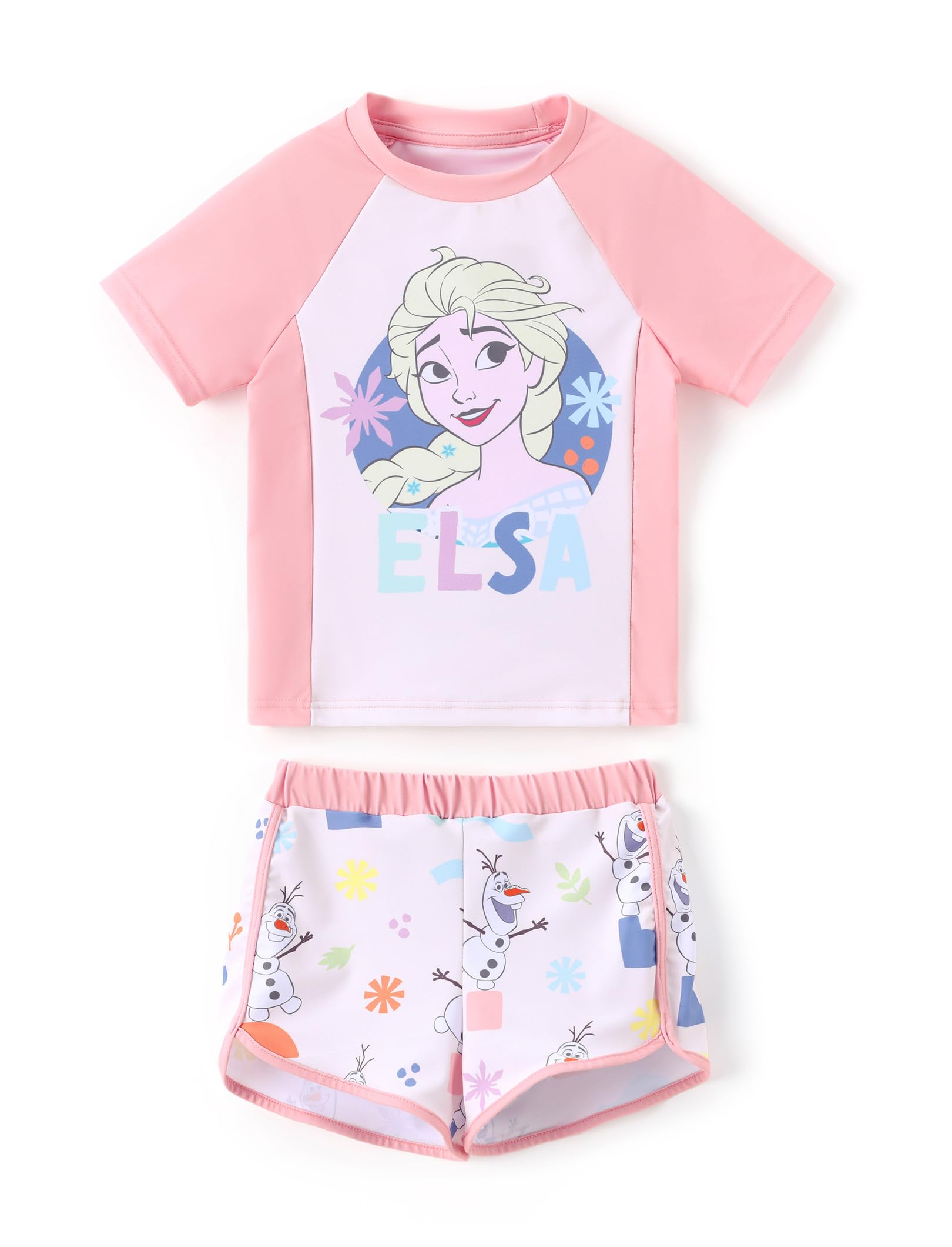 Disney Frozen Elsa Princess Girls Two Piece UPF 50+ Protection Quick-Dry Short Sleeve Swim Sets Rashguard Bathing Suit