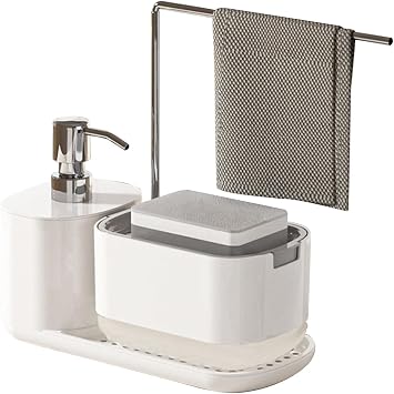 Kitchen Dish Soap Dispenser Set with Tray,Hand and Dish Soap Dispenser,Sponge and Dishcloth Holder,for Kitchen Sink Countertop Storage OrganizerWhite