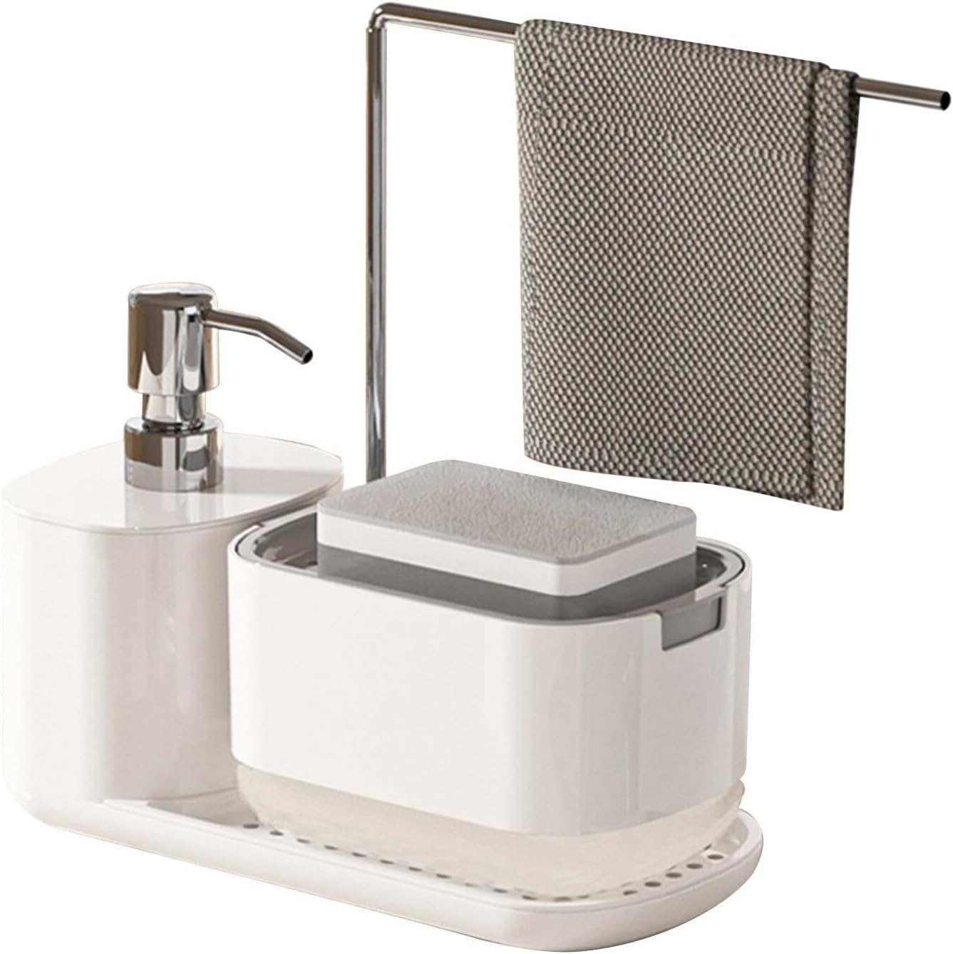 Kitchen Dish Soap Dispenser Set with Tray,Hand and Dish Soap Dispenser,Sponge and Dishcloth Holder,for Kitchen Sink Countertop Storage Organizer(White)-Ling