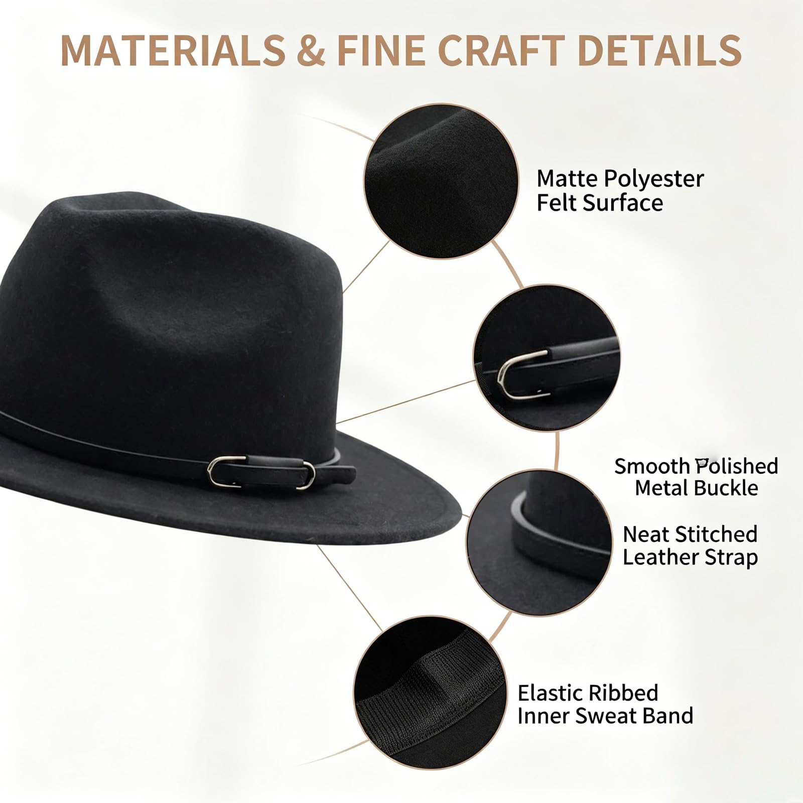 Fedora unisexe classique en laine mélangée avec large bord en feutre Chapeau Panama Trilby Chapeau d'église Derby avec boucle de ceinture Noir