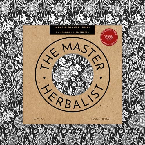 The Master Herbalist Doublures de tiroir parfumées au Design William Morris | Disponibles en Lavande, Bois de Santal, Rose, lys et Lilas | Paquet de 5 Feuilles (PLIÉES) (Bois de Santal | Noir)