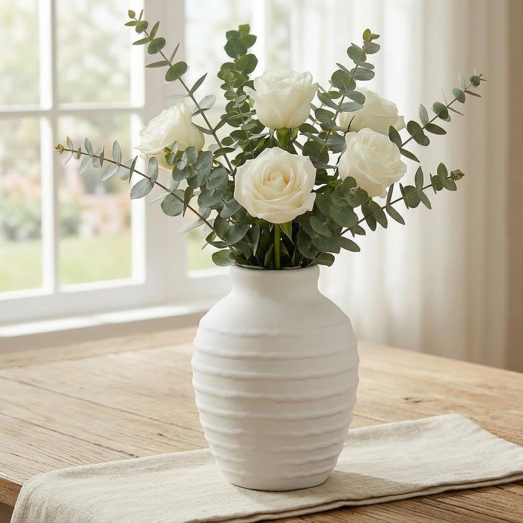 Ceramic Flower Vase 7 Inch Modern Farmhouse Vases Rustic Decorative Vase Home Decor Minimalist Handcrafted Pottery Terracotta Centerpiece Vases for Living Room,Bedroom,Table,Weddings,Office-White
