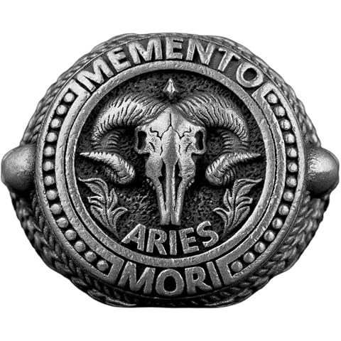 Aries Memento Mori Silver Ring, Ram Heat Skull Gothic Men Signet Silver Ring, Biker...