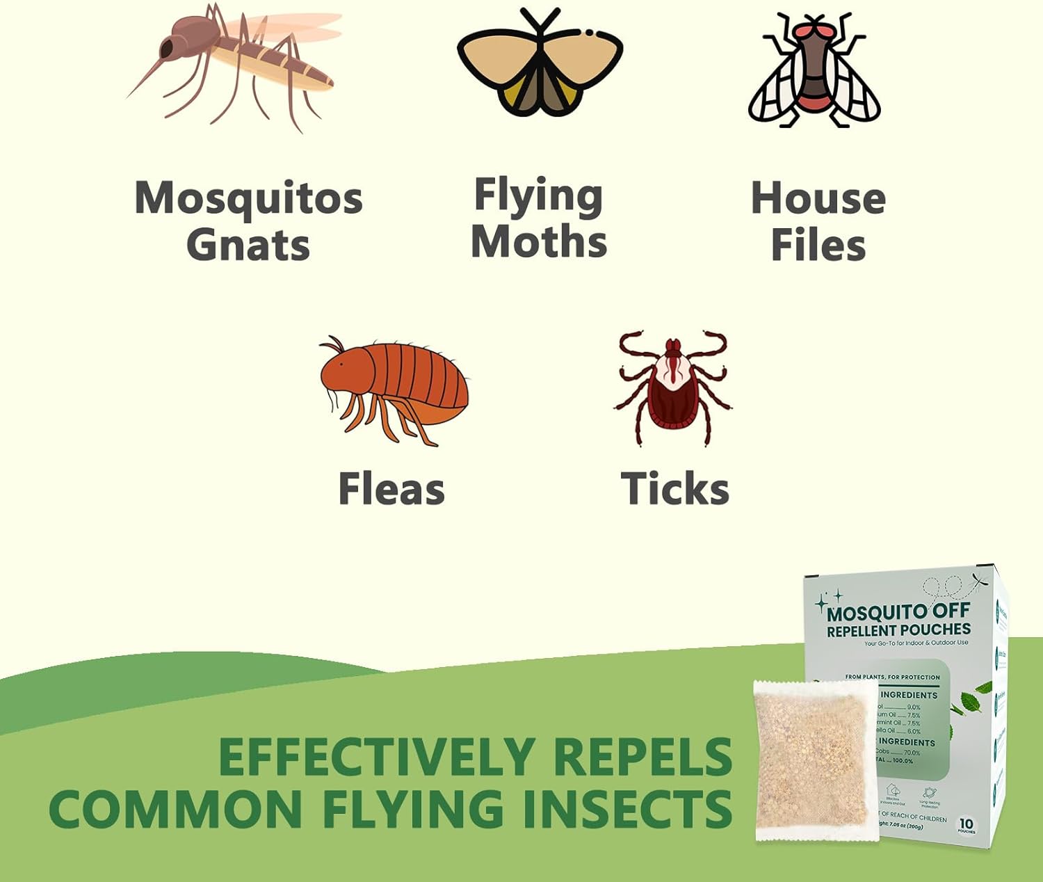 Mosquito Repellent Outdoor Patio, Mosquito Repellent Pouches Plant-Based Long-Lasting with Geraniol, Citronella, Peppermint (10 Sachets)