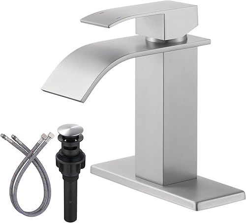 Grifo de baño en cascada de níquel cepillado ARCORA Grifo mezclador de lavabo de baño de un solo orificio con líneas de suministro y drenaje