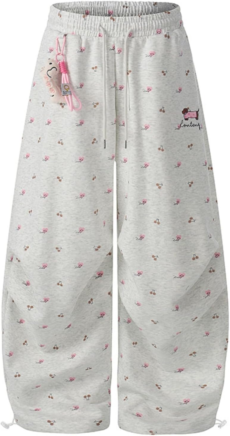 Women Embroidery Puppy Barrel Sweatpants Cute Floral Print Baggy Wide Leg Pants Y2K Elastic Drawstring Lantern Trouser