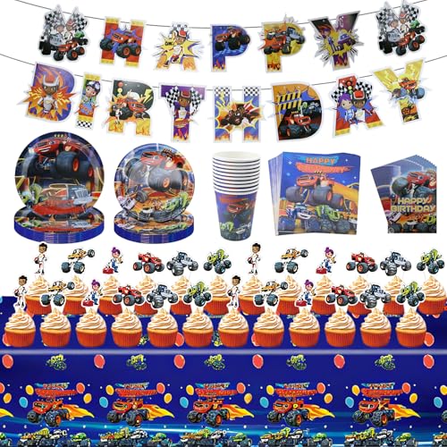Monster Truck Partygeschirr Set 86 Stück Pappteller Kindergeburtstag Monster Truck Geburtstag Deko Monster Party Pappteller Becher Tischdecke Servietten Einladungskarte Banner Kuchenkoteletts