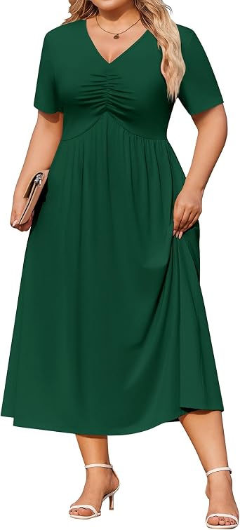 INVOLAND Women Plus Size Short Sleeve Dress Summer Casual V-Neck Ruched Aline Midi Dresses with Pockets