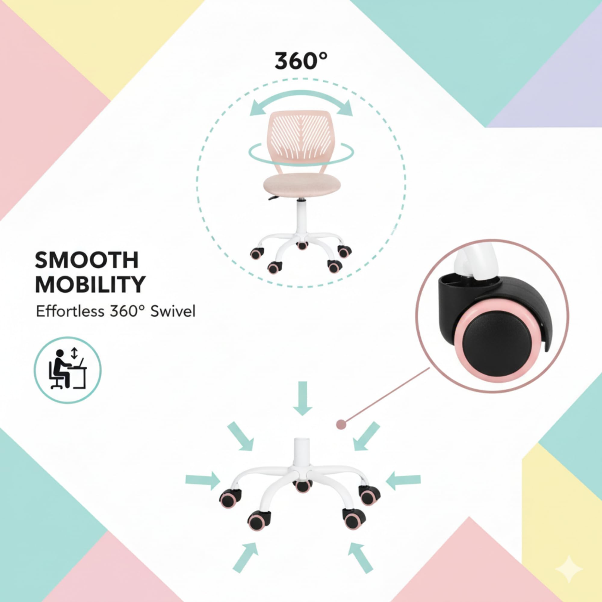 Homy Casa - Silla de escritorio de tela ergonómica giratoria sin reposabrazos, altura ajustable, silla de oficina en casa para niños y adolescentes, rosa Morandi