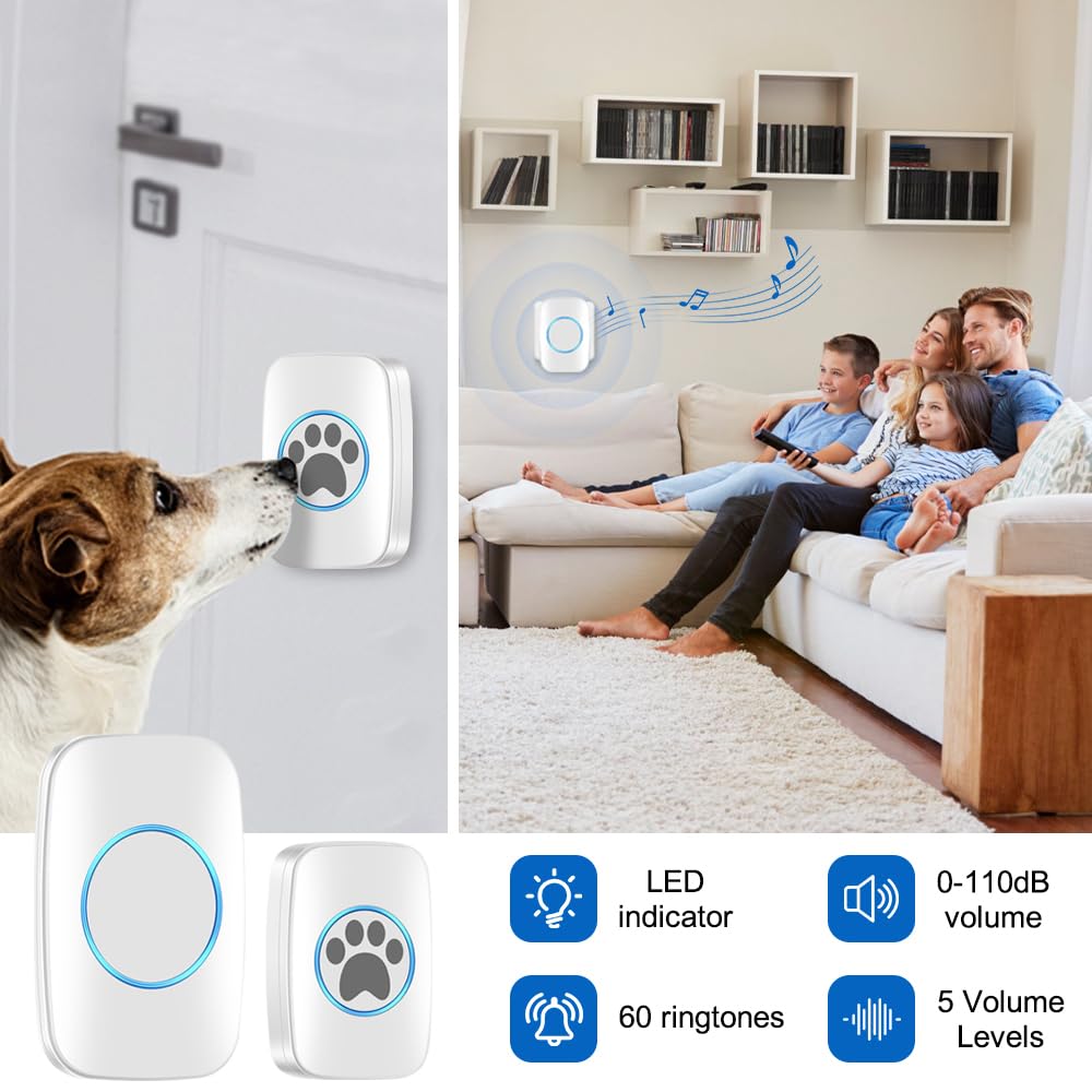 DONGKER Campanas de entrenamiento inalámbricas para mascotas, timbre inalámbrico para perros/gato, timbre de puerta IP44 resistente al agua con 60 tonos de llamada y 5 niveles de volumen ajustable