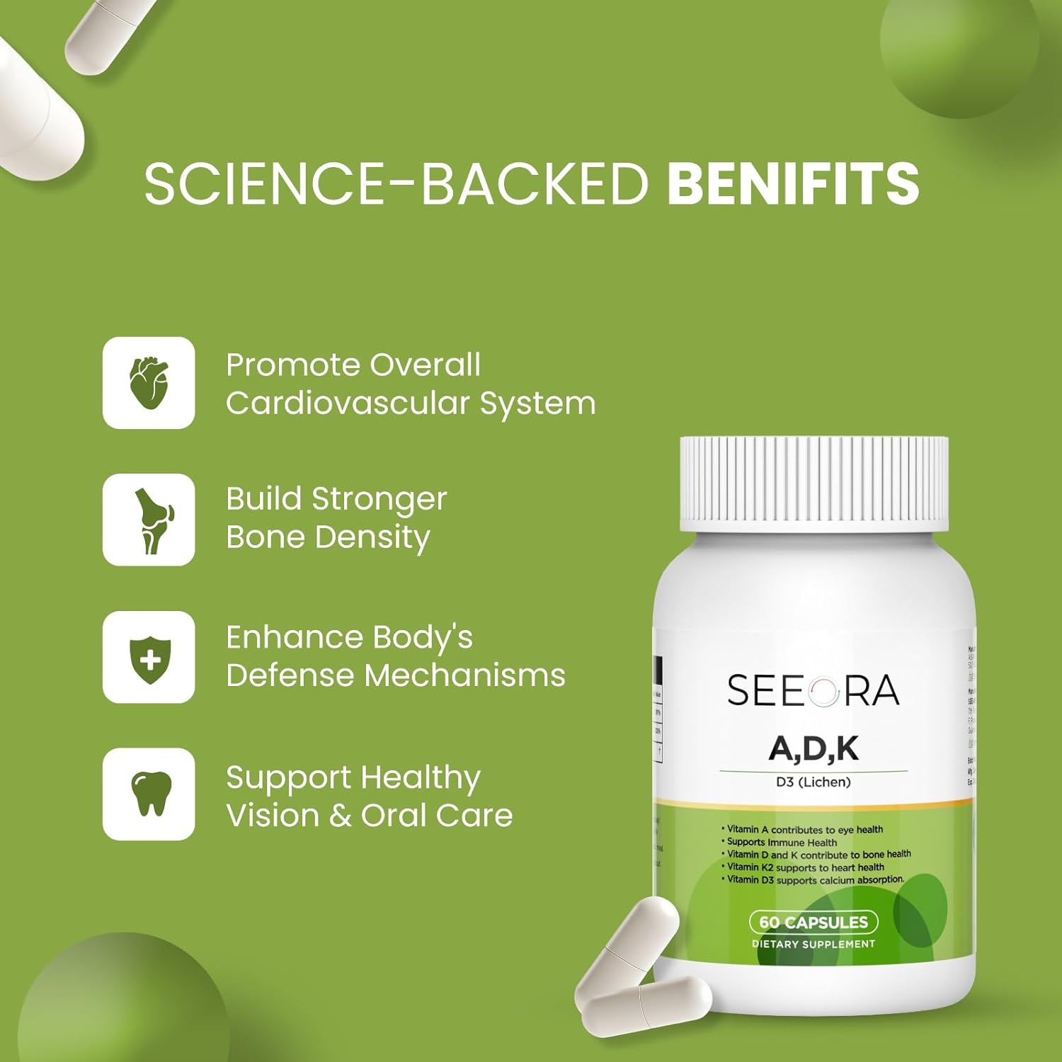 Vitamin ADK Supplement – High Potency Vitamins A, D3 & K2 | Supports Bone, Heart & Immune Health | 60 Capsules, 2-Month Supply | Gluten-Free, Dairy-Free, Non-GMO