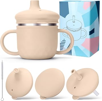 BUSOHA 3 IN 1 Stainless Steel Toddler Sippy Cup - 8oz Baby Sippy Cup | Food-Grade 304 Stainless Steel and Silicone,Spill-Proof Toddler Straw Cup with Brush,Dishwasher Safe,Beige