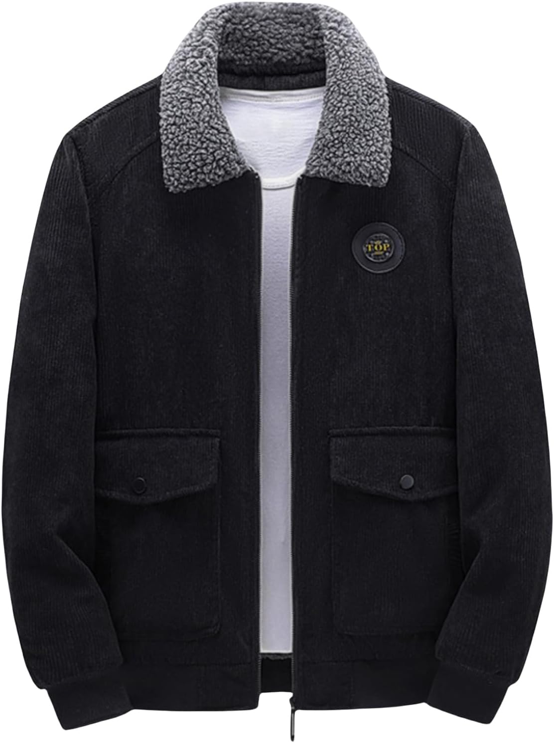 Thatrich Mens Fleece Sherpa Jacket Lightweight Corduroy Shirt Zip Up lapel Sweater Coat Thick Warm Jacket Long Sleeve Shacket