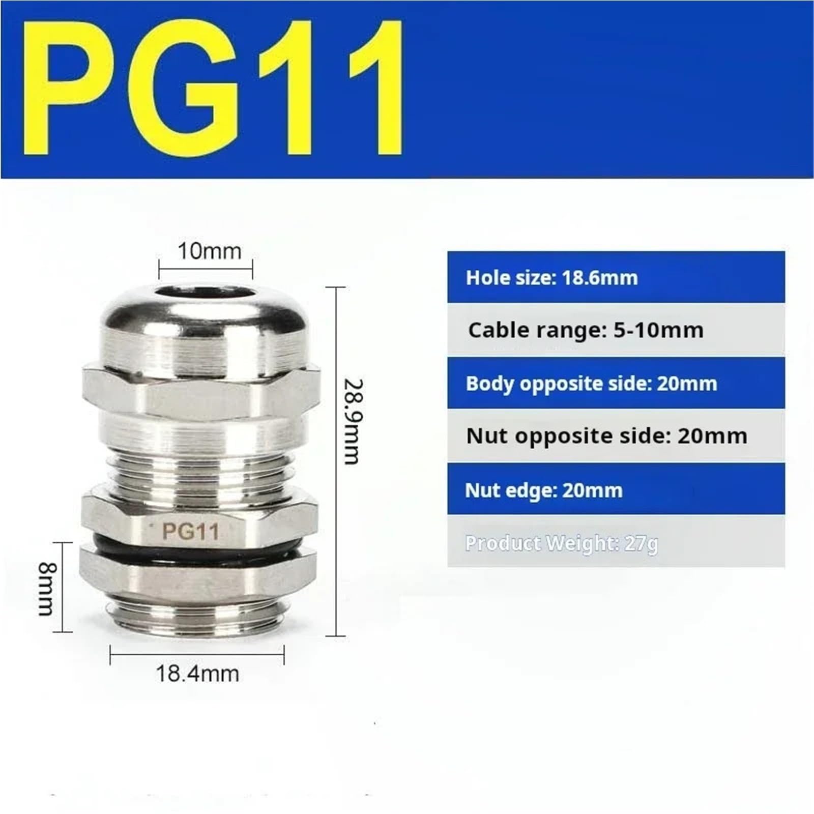 Prensaestopas impermeables de acero inoxidable, 20 unidades, IP68, PG7, PG9, PG11, M6, M8, M10, M12, de acero inoxidable (PG11)