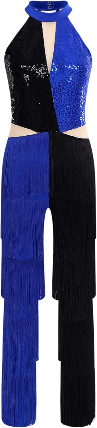 Womens Latin Dance Dresses Contrast Color Fringe Tassel Jumpsuit Sequin Cha-cha Salsa Samba Performance Costume