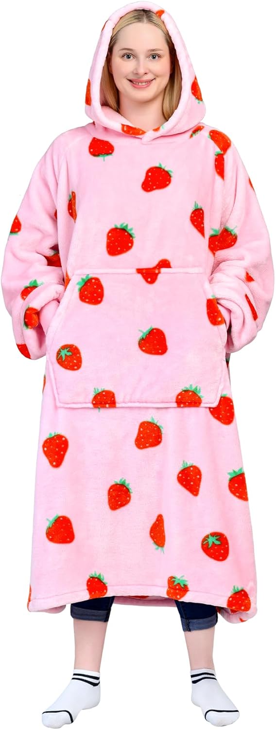 Waitu Wearable Blanket Sweatshirt Gifts for Women and Men, Warm and Cozy Giant Blanket Hoodie, Thick Flannel Blanket with Sleeves and Giant Pocket – Strawberry Pink