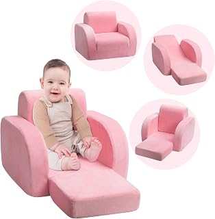 ALIMORDEN 3-in-1 Flip Out Cuddly Plush Toddler Couch Convertiable Sofa to Lounger for Nap Play Sleep, Pink