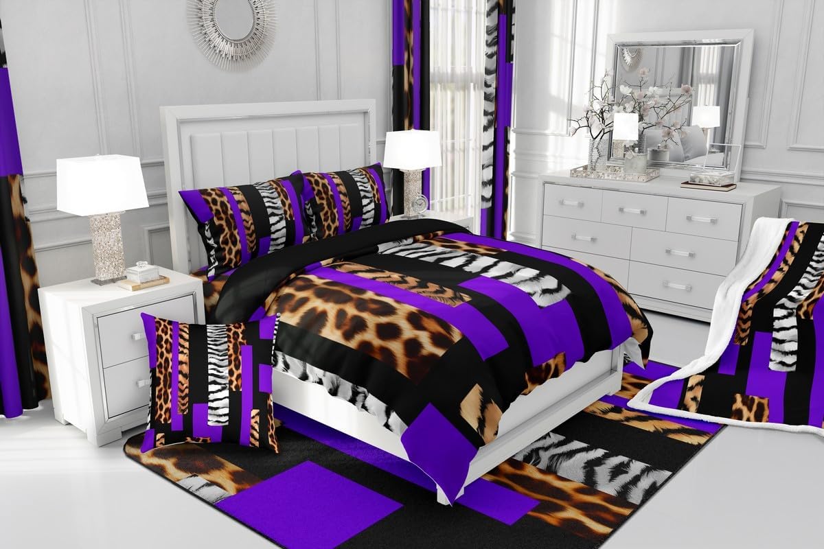 Feelyou Leopard Reversible Throw Pillow Covers for Kids Boys Girls Cheetah Purple Black Pillow Covers Home Decor 22 x 22-Inch Animal Fur Print Square Cushion Covers Set of 2 Decor Safari Zebra