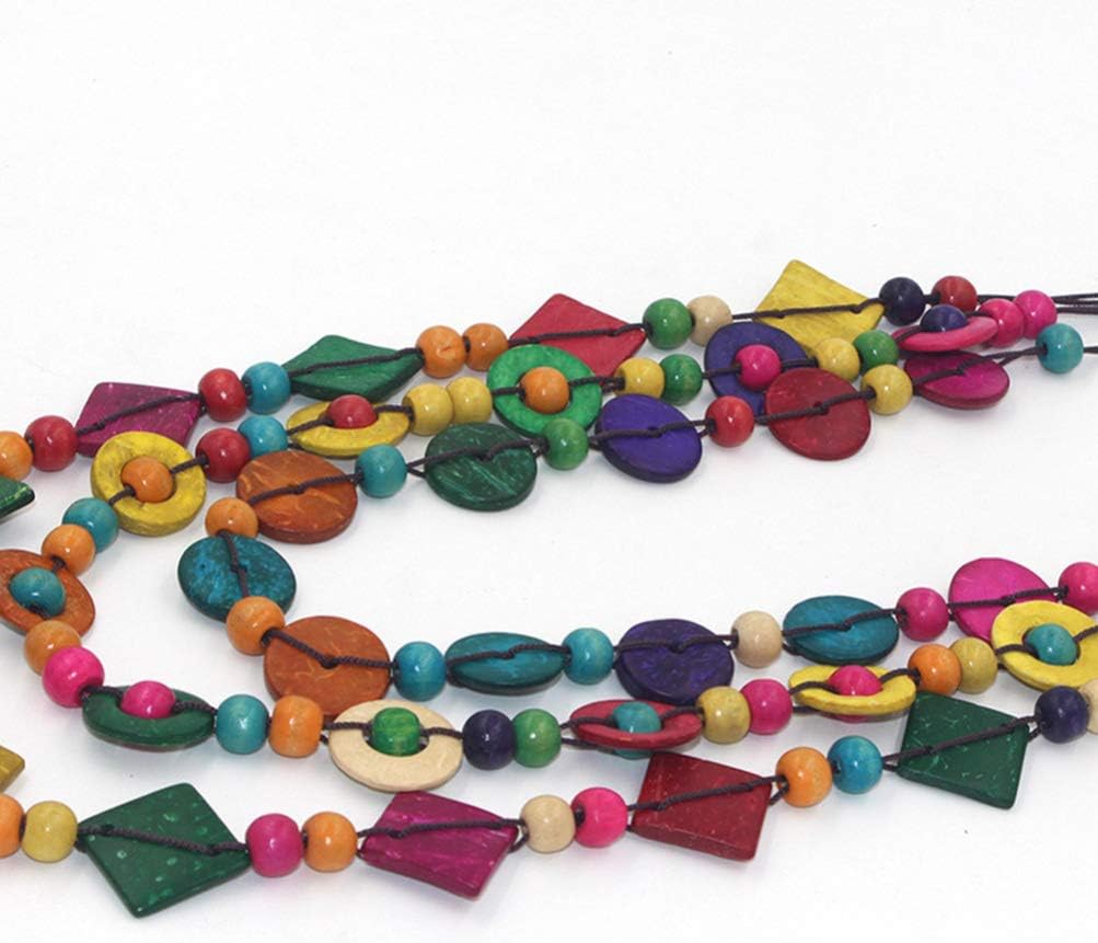 Bohemian Shell Necklace Wood Bead Statement Collar Necklace Chunky Layered Handmade Beaded Long for Women (Colorful) - Image 5