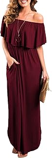 Womens Off The Shoulder Ruffle Party Dress Casual Side Split Beach Long Maxi Dresses with Pockets