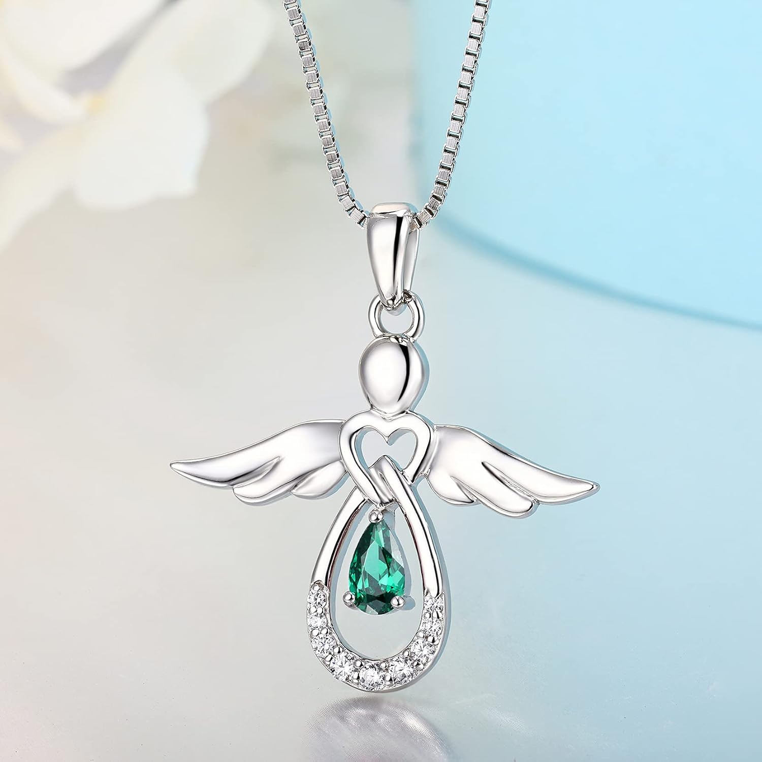 FJ Guardian Angel Necklace 925 Sterling Silver Angel Pendant Emerald Necklace May Birthstone Jewellery for Women - Image 3