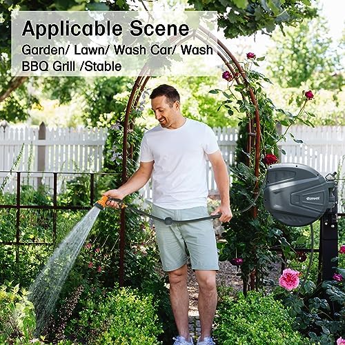 Roywel Retractable Garden Hose Reel,Retractable Hose Reel Wall Mount,with 9- Function Sprayer Nozzle,Self-Rewind,Slow Retraction,Self-Locking,Wall Mounted,180° Pivot Bracke - 2