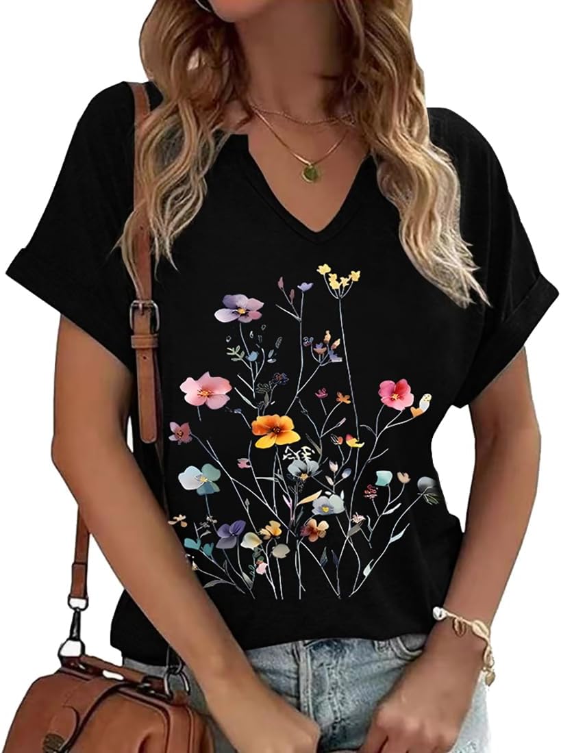 Women's T-Shirts Vintage Flowers V Neck Boho Floral Wildflowers Graphic Tee Casual Cottagecore Short Sleeve T Shirt