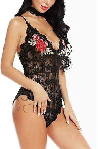 Women Teddy Lingerie One Piece Babydoll Mini Bodysuit, Womens Lace Bodysuit Sexy Deep V Snap Crotch Clubwear Tops