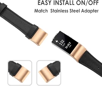 Simpeak Leather Band Compatible with Fitbit Charge 2 Only, Genuine Leather Wristband Strap Replacement for Fitbit Charge2, Black Band+Rose Gold Adaptor