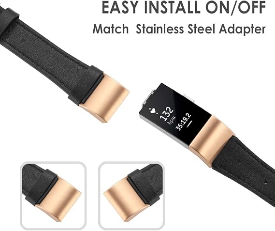 Simpeak Leather Band Compatible with Fitbit Charge 2 Only, Genuine Leather Wristband Strap Replacement for Fitbit Charge2, Black Band+Rose Gold Adaptor