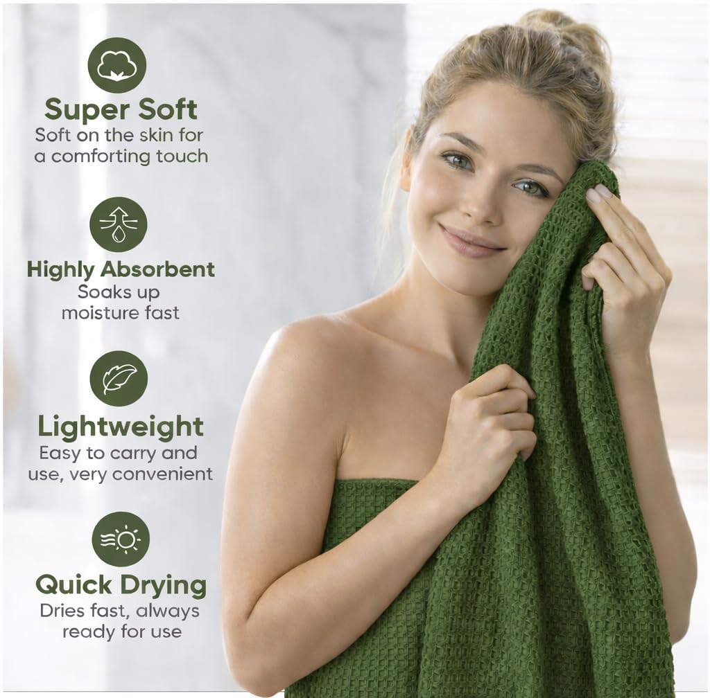 Bath Towels - 4 Pack Waffle Weave Bath Towels for Bathroom, 30x60 Inch, Cotton Towel Ultra Soft, Lightweight, Oversized, Lint Free - Mint Green